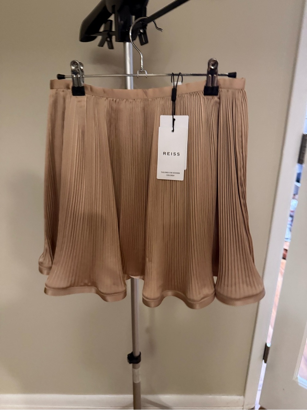 Reiss Camel Pleated Satin-Trim Skater Skirt